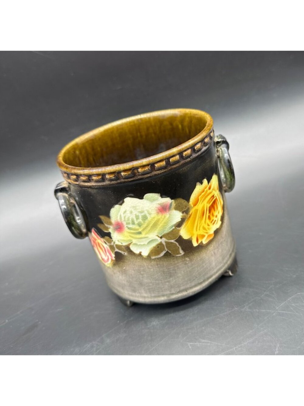 Vintage Floral Planter Czechoslovakia Ceramic Black White Yellow Rose Footed